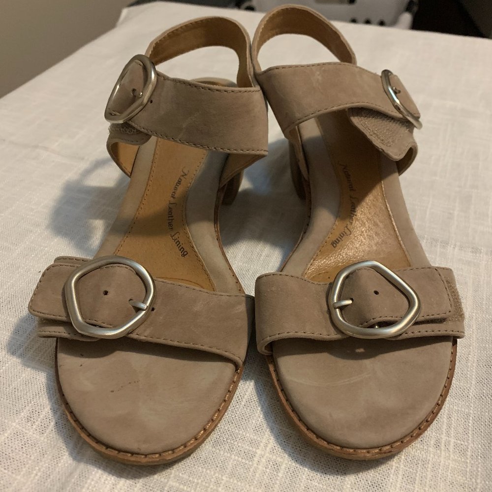 Taupe Tan Sofft Adjustable Heeled Sandals, Size 7, 2 in heel, Velcro straps